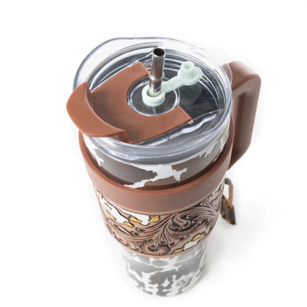 NWT Myra Cow Print Travel Mug with Brown Lid and Handle Hand Tooled Leather Wrap - Picture 3 of 6